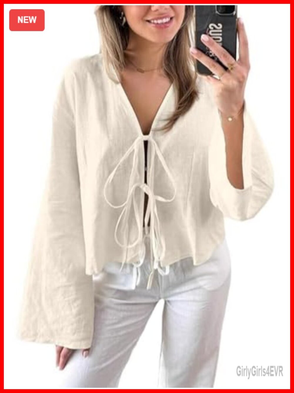 Linen Tie Front Top V Neck Flare Sleeve Lace Up Bow Blouse Beach Coverup
